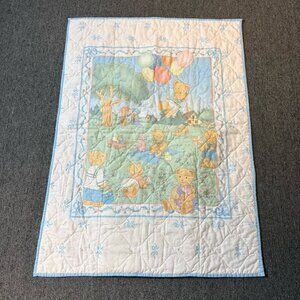 Vintage 90s Baby Crib Comforter Quilt Teddy Bear Picnic White Blue Folds in Bag